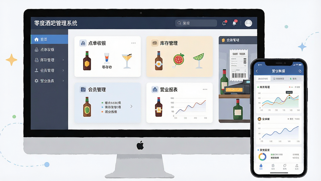 一张展示零度酒吧管理系统主界面的软件截图风格插画,画面中央是电脑屏幕,屏幕上显示着“零度酒吧管理系统”的标题栏与点单收银、库存管理、会员管理、营业报表四个功能模块卡片,屏幕右侧有一部手机同步显示营业数据看板,整体布局为左右分栏,左侧为功能菜单,右侧为数据面板,排版整洁有序,风格为现代扁平化UI设计,细节包括酒瓶图标、收银小票、数据折线图等元素,画质清晰,画面干净,无多余元素