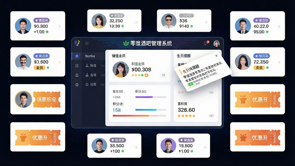 一幅展示零度酒吧管理系统会员营销功能的AI生图,画面中央是一块悬浮的会员数据看板,看板上写有“零度酒吧管理系统”字样,周围环绕着会员头像、储值金额、积分进度条、优惠券图标等元素,布局为中心看板加四周环绕式信息卡片,排版对称均衡,风格为科技感数据可视化,细节包括不同等级的会员标签、生日提醒弹窗,画质清晰,画面干净,无多余元素