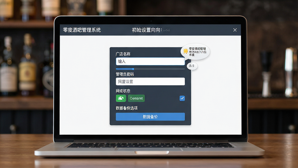 一幅展示零度酒吧管理系统安装设置界面的AI生图,画面为一台笔记本电脑屏幕,屏幕上显示“零度酒吧管理系统”的初始设置向导页面,页面包含门店名称输入框、管理员密码设置框、网络连接状态图标、数据备份选项按钮,布局为居中表单式排版,风格为简洁商务UI,细节包括进度条、提示气泡、勾选框,画质清晰,画面干净,无多余元素