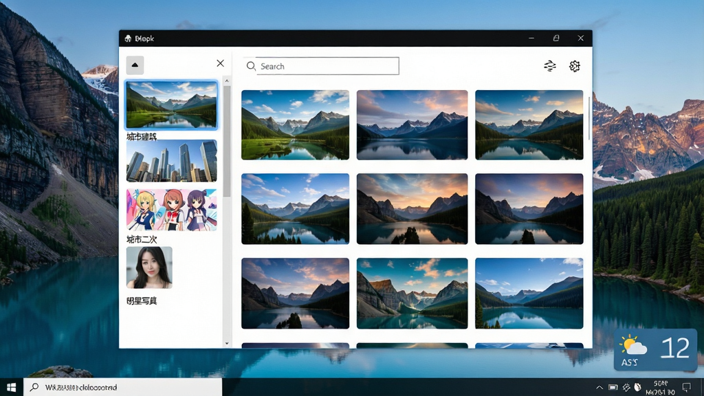 一张Windows电脑桌面截图,画面中央是开屏桌面画报软件的主界面,界面左侧显示壁纸分类列表包含自然风光、城市建筑、动漫二次元、明星写真等分类,右侧是高清壁纸预览网格,顶部有搜索框和设置按钮,桌面背景是一张高清山水风景壁纸,右下角显示天气和时钟小部件,整体风格简洁现代,画质清晰干净,无多余元素