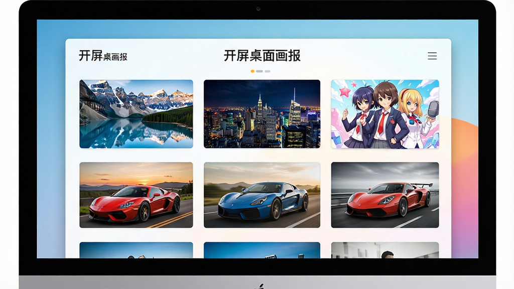 一张电脑屏幕特写,屏幕中展示开屏桌面画报的壁纸库界面,画面中排列着多张高清壁纸缩略图,包含雪山湖泊、城市夜景、动漫人物、跑车等不同风格,界面顶部有