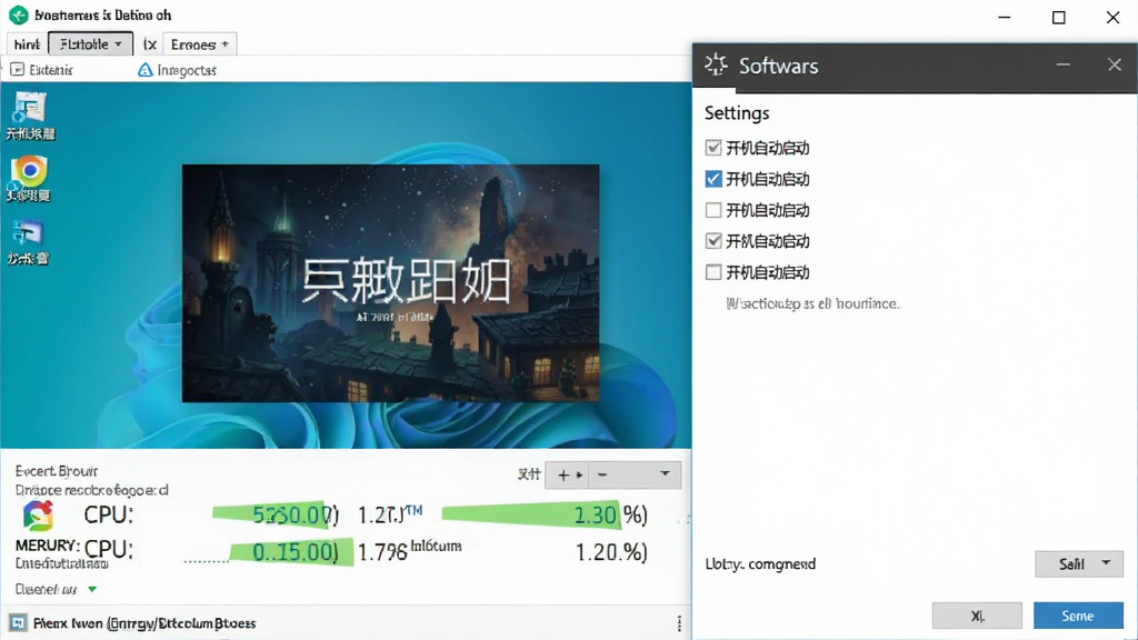一张电脑任务管理器截图,画面中显示开屏桌面画报进程的CPU和内存占用数据,占用数值较低,旁边是软件设置界面,勾选了