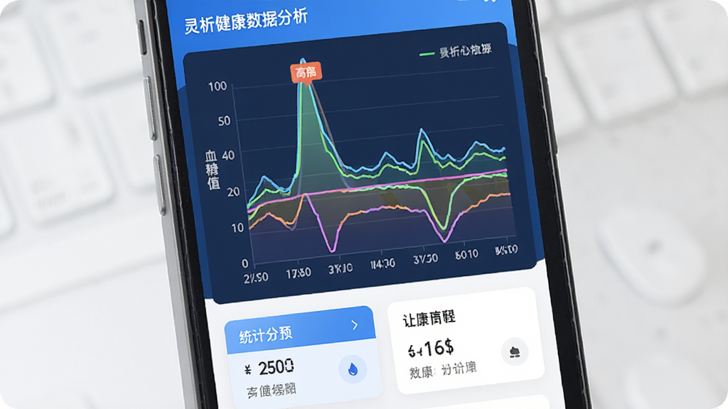 一张展示灵析健康数据分析页面的图片,手机屏幕显示彩色折线图,横轴为日期,纵轴为血糖值,图表中有高亮标注的峰值和低谷区域,下方有统计摘要卡片,整体风格现代简洁,配色以蓝白为主,画面干净清晰