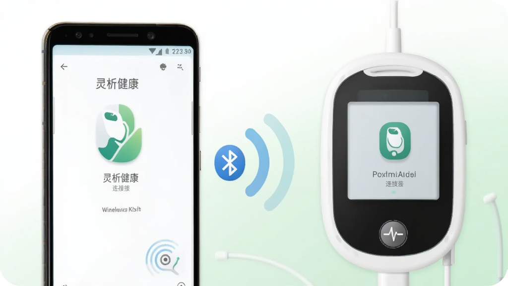 一部安卓手机通过蓝牙连接血糖仪的示意图,手机屏幕显示
