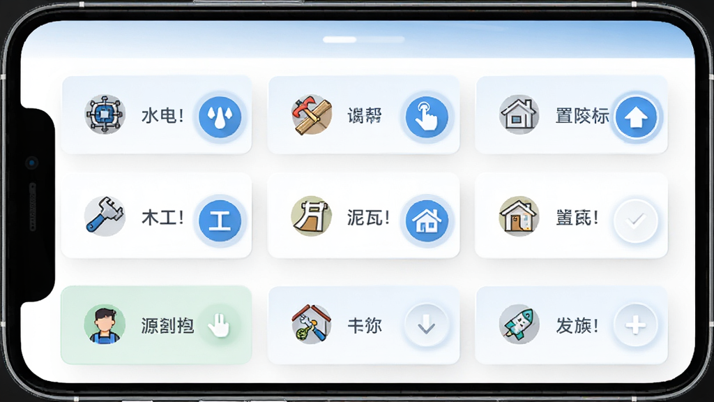 滴帮工匠端技能标签设置界面,主体为手机屏幕展示多个工种选择按钮,布局为网格排列,排版清晰有序,风格扁平化设计,细节包含水电、木工、泥瓦等图标和选中状态,画质高清干净无多余元素