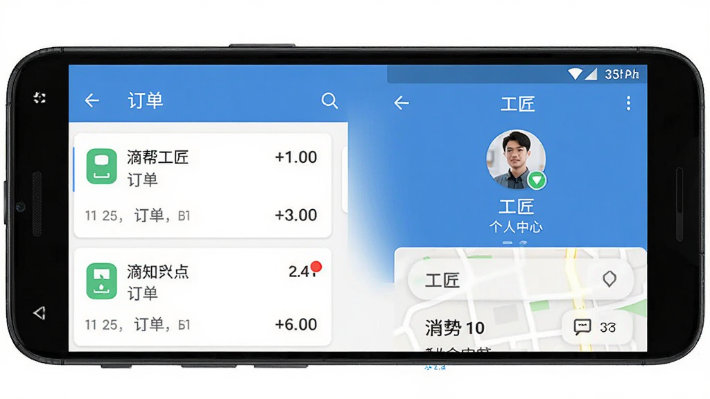 滴帮工匠端手机应用界面展示,主体为一部安卓手机屏幕,屏幕中显示订单列表与工匠个人中心页面,布局居中排版,风格写实科技感,细节包括订单卡片、地图定位图标、消息通知红点,画质高清干净无多余元素