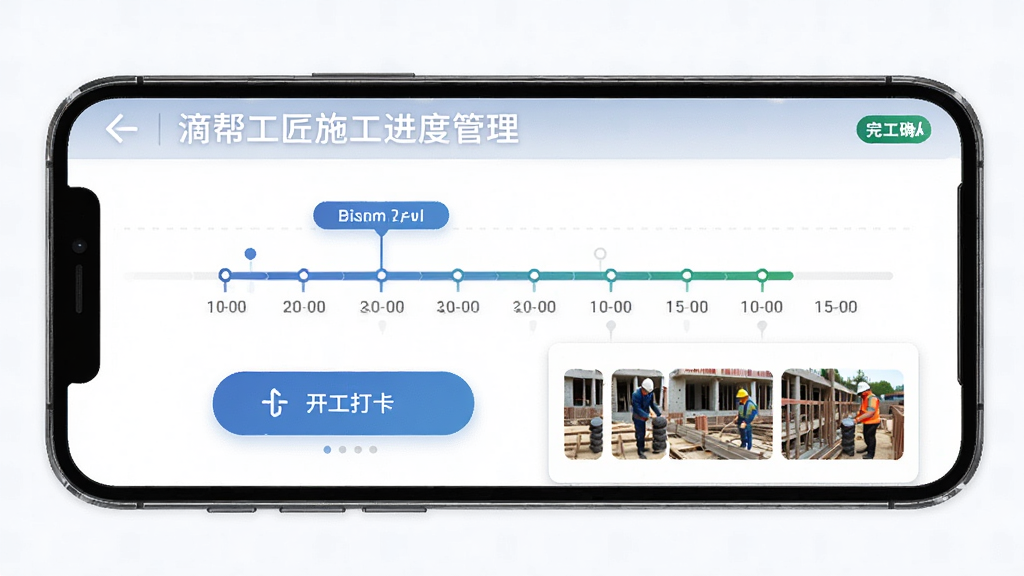 滴帮工匠端施工进度管理页面,主体为手机屏幕显示时间轴和现场照片缩略图,布局为上下结构,排版突出进度节点,风格商务实用,细节包含开工打卡按钮和完工确认标识,画质高清干净无多余元素