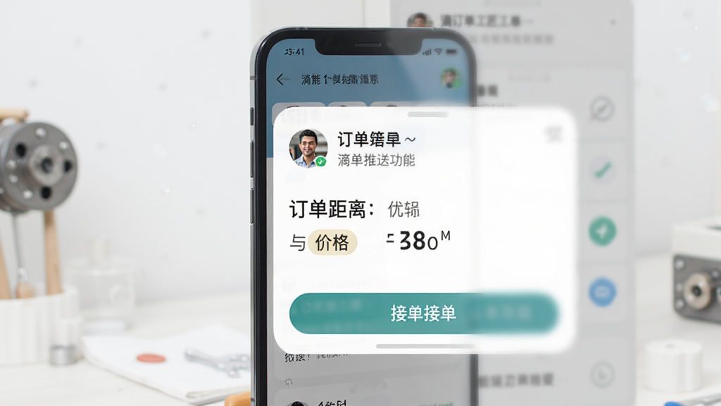 滴帮工匠端订单推送功能展示图,主体为手机屏幕弹出新订单通知,布局为竖版手机界面,排版突出订单距离与价格信息,风格简洁明亮,细节包含工匠头像、技能标签和接单按钮,画质高清干净无多余元素