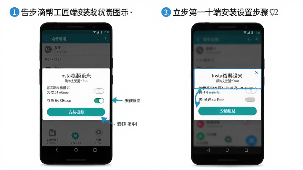 滴帮工匠端安装设置步骤示意图,主体为安卓手机设置界面和安装弹窗,布局为左右分步展示,排版清晰标注每一步操作,风格教程图解,细节包含权限开关和安装按钮高亮,画质高清干净无多余元素