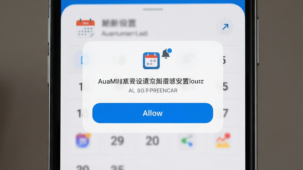 清新日历安装设置界面,主体为手机屏幕显示权限请求弹窗,布局居中,排版突出允许按钮,风格简洁指引,细节有日历图标和通知铃铛,画质高清,干净无多余元素