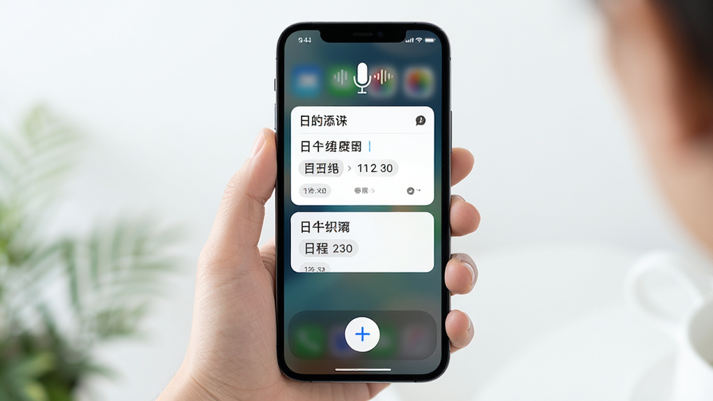 清新日历快速添加功能展示,主体为一只手拿着手机,屏幕上显示语音输入界面和自动生成的日程卡片,布局竖版居中,排版突出加号按钮和文字识别结果,风格清新明快,细节有麦克风图标和日程时间标签,画质高清,干净无多余元素