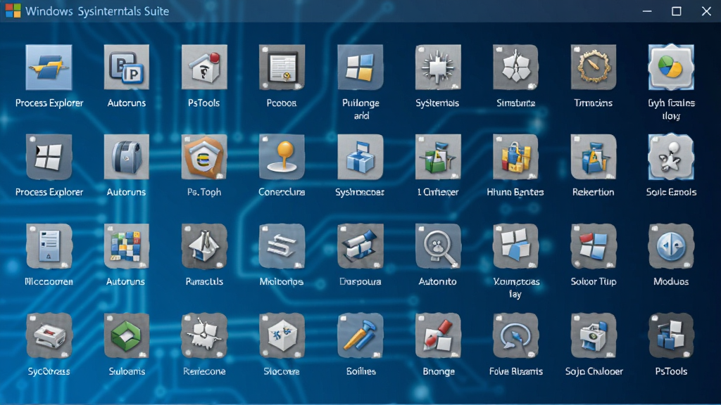 һ��չʾ Windows Sysinternals Suite ȫò�����������ͼ�������������������е���ʮ������ͼ�꣬���� Process Explorer��Autoruns��PsTools ��֪�����������Ϊ����ɫ����Ƽ����ͼ���·���ע�����Ĺ���Ӣ�����ƣ����岼�ּ��רҵ�������������ɾ��޶���Ԫ�أ�����΢���ٷ����߼���Ȩ����