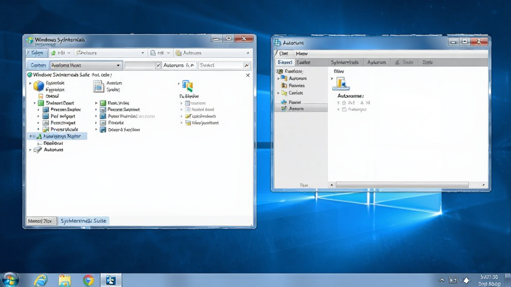 һ��չʾ Windows Sysinternals Suite �� Windows ���������еĲ�������ͼ����������ʾ Process Explorer �� Autoruns �������ڲ��Ŵ򿪣���Ļ�·������������������дʵ��񣬹���������ϸ�����������ʸ��壬�ɾ��޶���Ԫ��