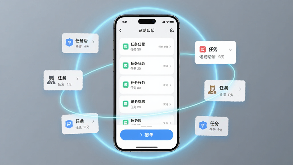 主体是诸葛帮帮手机应用界面展示,布局为中央放置一部智能手机,屏幕内显示任务列表与接单按钮,排版采用居中对称构图,风格为现代简约科技风,细节包括手机周围环绕浅蓝色光晕与悬浮的任务卡片图标,画质高清干净无多余元素