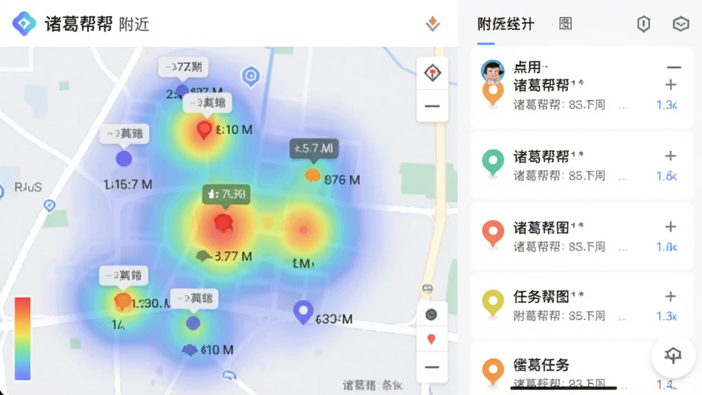 主体是诸葛帮帮应用内的附近任务地图界面,布局为左侧展示地图热力图右侧展示任务列表,排版采用左右分栏结构,风格为清爽扁平化设计,细节包括地图上标注多个彩色任务点位与距离标签,画质高清干净无多余元素