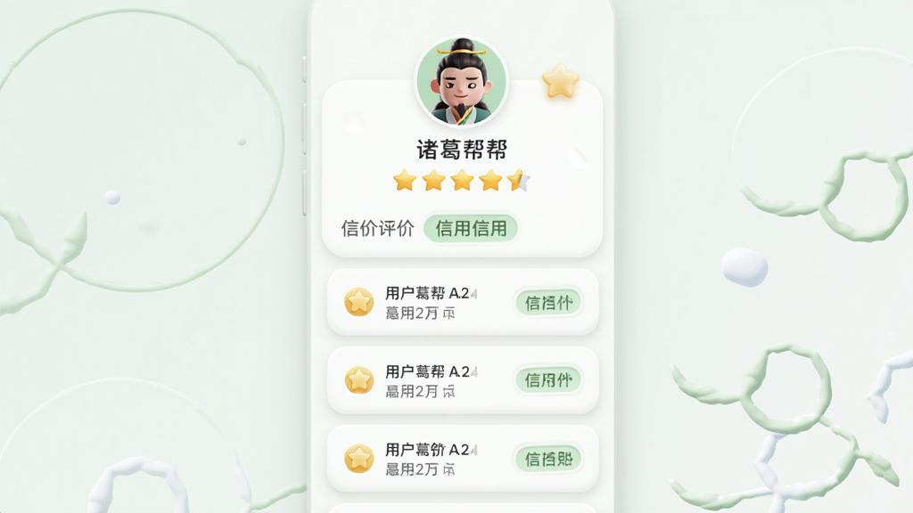 主体是诸葛帮帮的信用评价页面展示,布局为上下结构上方显示用户头像与星级下方显示评价文字列表,排版采用卡片式纵向排列,风格为柔和圆角轻拟物风,细节包括金色星星图标与浅绿色信用标签,画质高清干净无多余元素