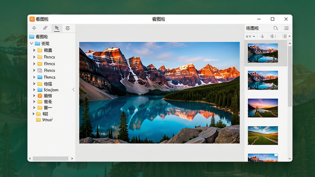 一张展示电脑桌面软件界面的图片,画面中央是名为“看图啦”的软件窗口,窗口内正显示一张色彩鲜艳的风景照片,左侧是文件夹目录树,右侧是图片缩略图列表,界面干净整洁无广告,风格简约现代,细节清晰,画质高清,干净,无多余元素