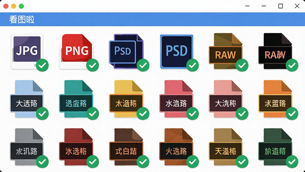 一张展示“看图啦”软件支持多种图片格式的示意图,画面中软件界面里整齐排列着不同格式的图标,包括JPG、PNG、PSD、RAW等,旁边有对勾标记表示支持,风格扁平化设计,色彩明快,细节清晰,画质干净,无多余元素