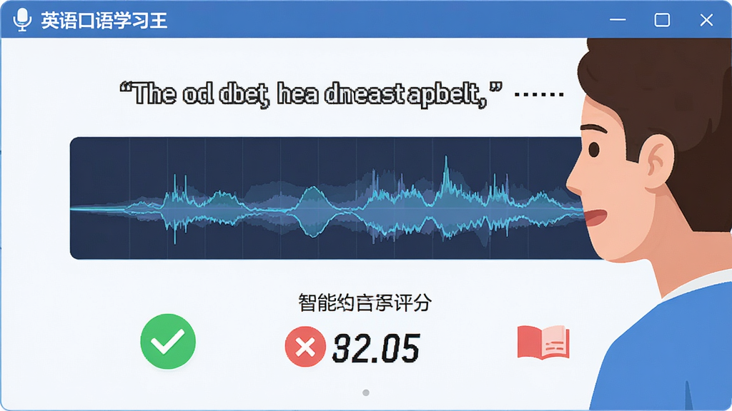 英语口语学习王智能语音评测功能界面,画面展示用户对着麦克风朗读英文句子,屏幕上实时显示发音评分和波形图,标注“英语口语学习王”软件标识,布局为上下结构,上方为原文句子,下方为评分结果,风格为科技感扁平化,细节包括绿色对勾、红色叉号、分数数字,画质高清,干净无多余元素