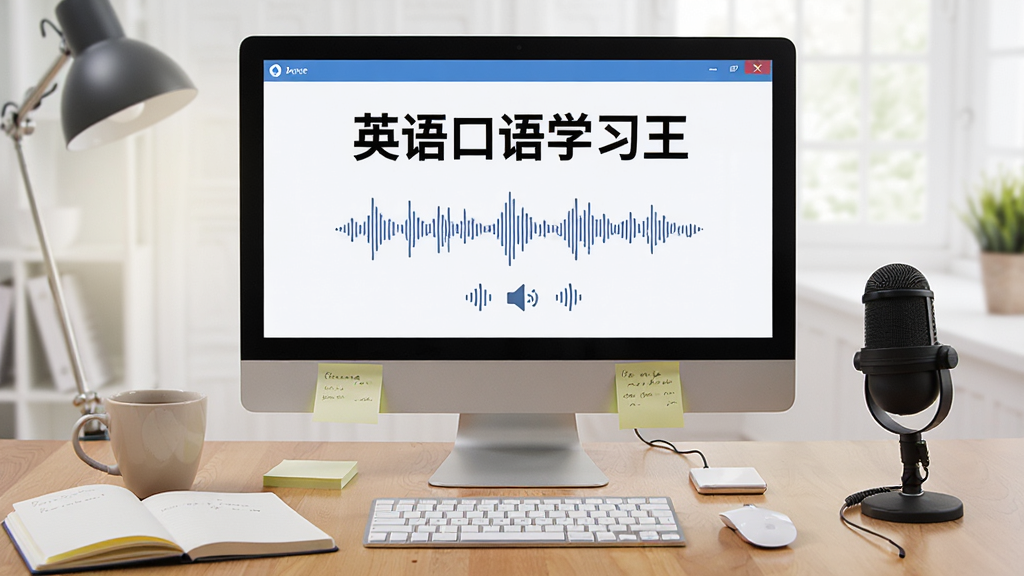 英语口语学习王使用技巧示意图,画面展示电脑屏幕上软件运行界面,旁边有耳机和麦克风设备,屏幕中显示“英语口语学习王”文字和发音波形,布局为桌面场景,风格为写实学习氛围,细节包括笔记本、咖啡杯、便签纸,画质清晰,干净无多余元素