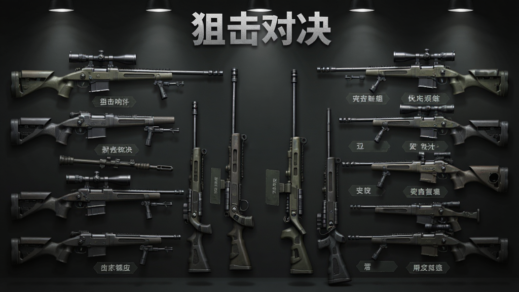一张展示多把狙击步枪排列在武器库中的图片,画面采用深色背景,灯光从上方打下,每把枪械旁边有名称标签,画面正上方有