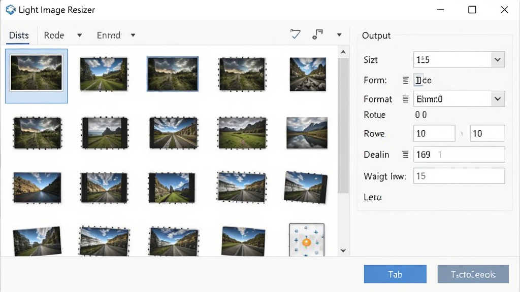 һ��չʾ Light Image Resizer �����������ͼƬ���������������ھ��аڷţ����Ϊ�ļ��б������Ҳ�Ϊ�ߴ����������������壬�����·��п�ʼ������ť�����������Գƣ��Ű�����ִ�����������ϸ�ڰ���ͼƬ����ͼ����ʽ�����򡢷ֱ�����ֵ����򣬻��ʸ��壬����ɾ����޶���Ԫ��