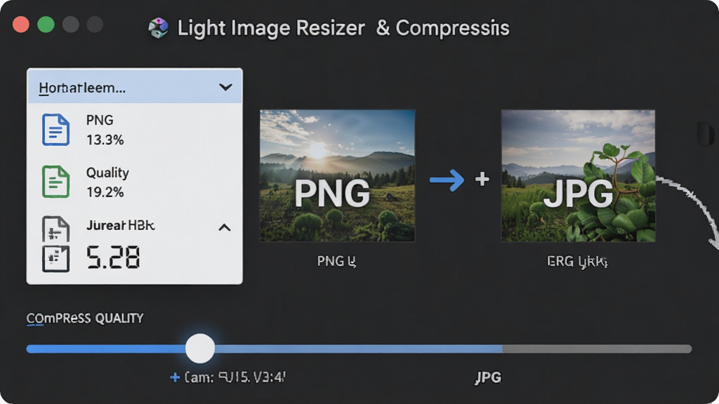 һ��չʾ Light Image Resizer ��ʽת����ѹ�����ܵ�ͼƬ�������Ǹ�ʽѡ�������˵���ѹ����������������������һ��ͼƬ���ڴ� PNG ת��Ϊ JPG ��ʾ�⣬����Ϊ�������У��Ű����������Ϊ�ִ������������棬ϸ�ڰ�����ʽͼ�ꡢ�����ٷֱ����֡��ļ�����Ա���ʾ�����ʸ��壬�ɾ����޶���Ԫ��