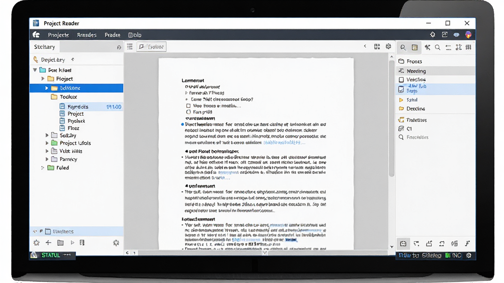 Project Reader��������ȫòչʾ������Ϊ������Ļ��һ�������Ŀ�ļ��Ķ������ڣ�����Ϊ����ļ�Ŀ¼�����м��ĵ�Ԥ�������Ҳ๤�������Ű��������������Ϊ�ִ������Լ��ϸ�ڰ�����ɫ����ѡ����Ŀ�������˵����͵ײ�״̬�������ʸ���ɾ��޶���Ԫ��
