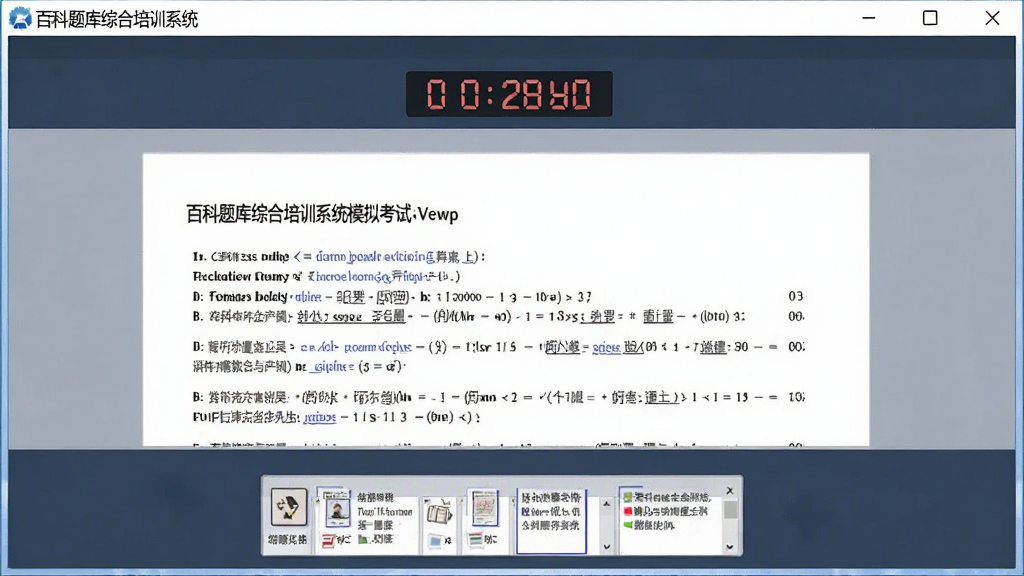 一幅展示百科题库综合培训系统模拟考试界面的图片,画面中软件窗口显示一张正在进行的试卷,顶部有倒计时,底部有答题卡,界面风格沉稳,排版清晰,画质干净,无多余元素