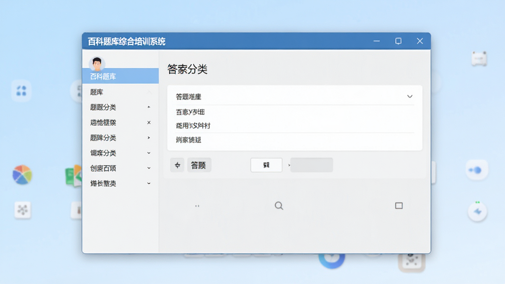 一张展现百科题库综合培训系统主界面的图片,画面中央是软件窗口,窗口内左侧为题库分类导航栏,右侧为答题区域,界面干净整洁,背景为浅蓝色渐变,整体风格简洁专业,画质清晰,无多余元素
