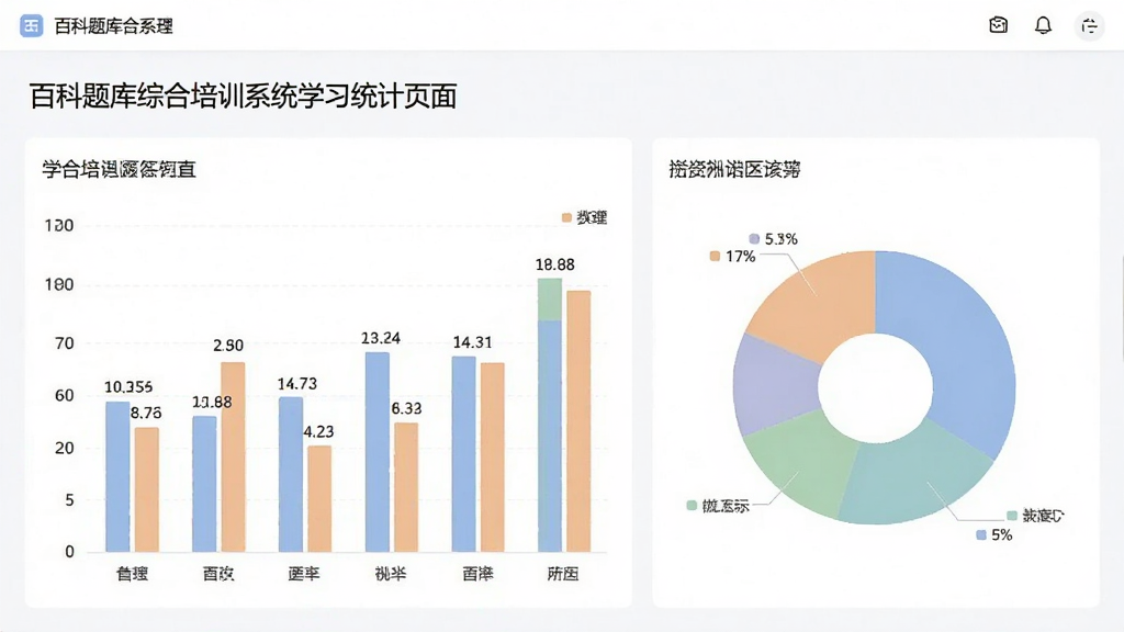 一幅展示百科题库综合培训系统学习统计页面的图片,画面中软件界面显示柱状图和饼状图,图表颜色柔和,数据标签清晰,背景为白色,整体风格简洁商务,画质干净,无多余元素
