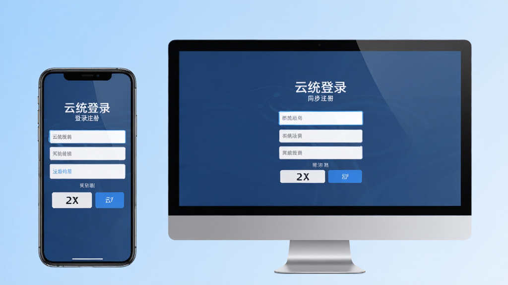 云统店铺收银登录注册界面,画面展示手机和电脑双端同步登录,背景为浅蓝色渐变,风格科技感,细节包括输入框和验证码按钮,画质清晰,干净,无多余元素