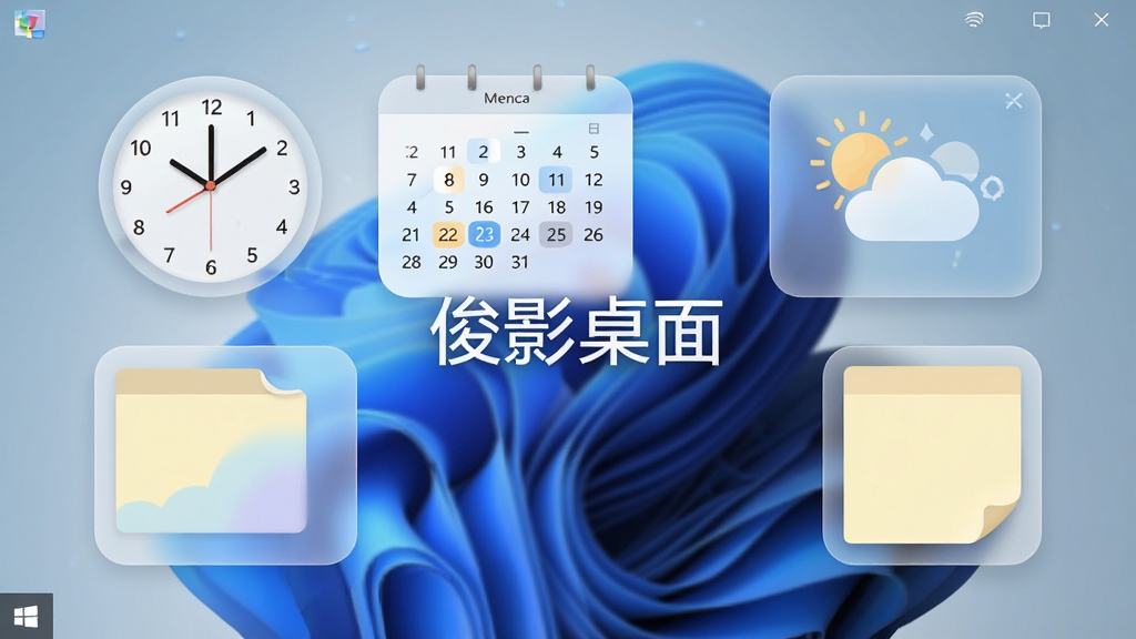 ��Ӱ����С�������չʾ������������һ��Windows���棬������ɢ����ʱ�ӡ���������������ǩ�ĸ�С���������ִ������£��Ű����������Ϊ���Բ���ִ��磬ϸ�ڰ�����͸��ĥɰ�ʸС�Բ�ǿ�Ƭ����ɫͼ�꣬���ʸ��壬����ɾ�������Ԫ�أ���Ļ����ʾ����