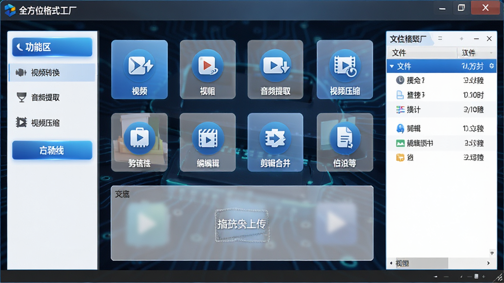 全方位格式工厂软件主界面展示,主体为软件操作窗口,布局中央是功能图标阵列包含视频转换、音频提取、视频压缩、剪辑合并等模块,排版左右分栏左侧为功能区右侧为文件列表区,风格为现代简约科技风,细节包含蓝色渐变按钮、清晰的功能标签、拖拽上传区域,画质高清干净无多余元素,图片中文字标注“全方位格式工厂”