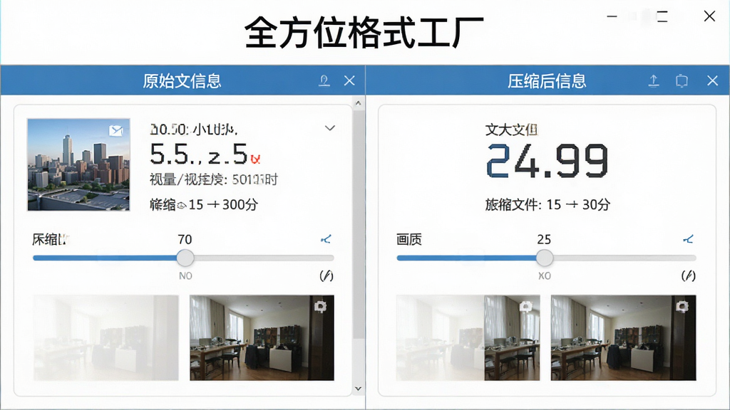 全方位格式工厂视频压缩功能示意图,主体为压缩前后文件大小对比界面,布局左右分栏左侧显示原始文件信息右侧显示压缩后信息,排版清晰直观,风格为商务简约风,细节包含大小数字对比、压缩比例滑块、画质预览缩略图,画质高清干净无多余元素,图片中文字标注“全方位格式工厂”