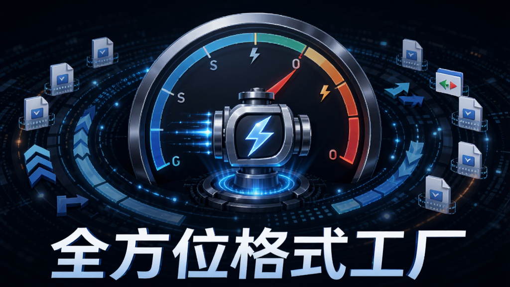 全方位格式工厂极速转换引擎概念图,主体为速度仪表盘与数据流元素,布局中央展示加速引擎图标,排版环绕式分布进度条与文件图标,风格为科技动感风,细节包含闪电符号、蓝色光效、多线程箭头,画质高清干净无多余元素,图片中文字标注“全方位格式工厂”
