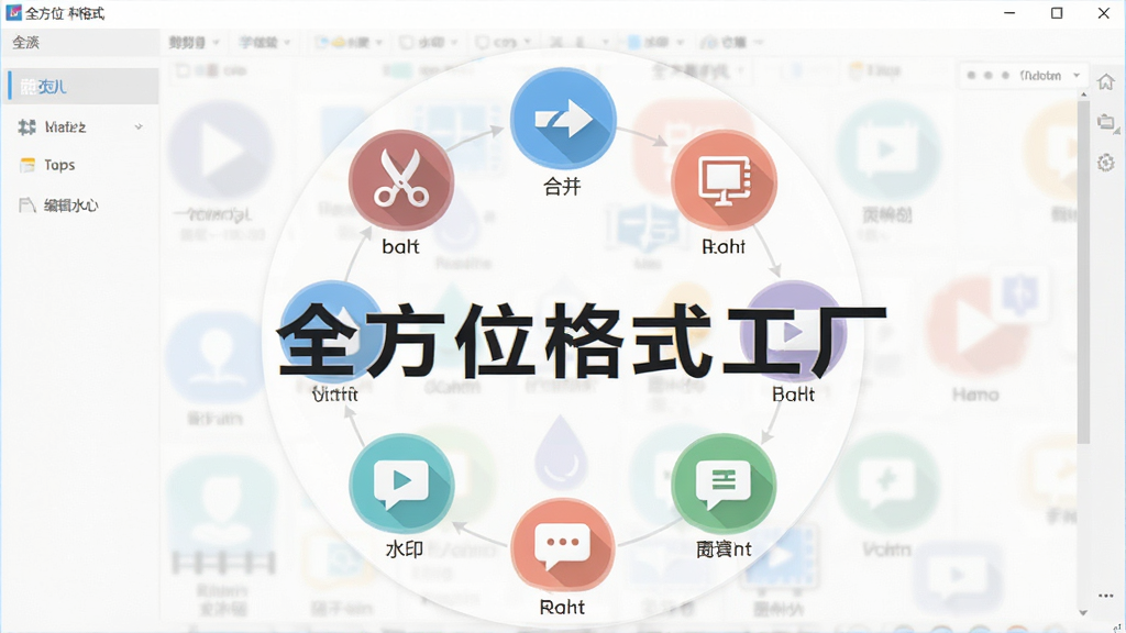 全方位格式工厂一站式编辑工具集展示,主体为软件功能面板,布局中央为工具栏图标阵列,排版环形分布展示剪辑、合并、水印、字幕等图标,风格为现代扁平化,细节包含剪刀、合并箭头、水滴、字幕气泡等图标,画质高清干净无多余元素,图片中文字标注“全方位格式工厂”