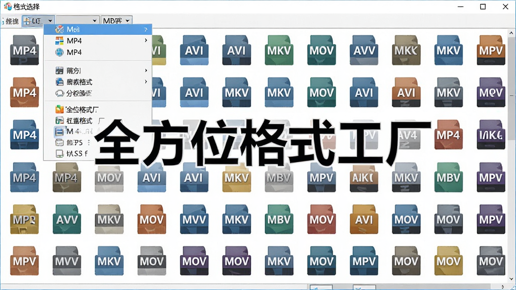 全方位格式工厂全格式覆盖功能展示,主体为软件界面中格式选择下拉菜单展开状态,布局中央显示密集的格式图标矩阵,排版以网格形式排列,风格为扁平化设计,细节包含MP4、AVI、MKV、MOV等格式标识清晰可见,画质高清干净无多余元素,图片中文字标注“全方位格式工厂”