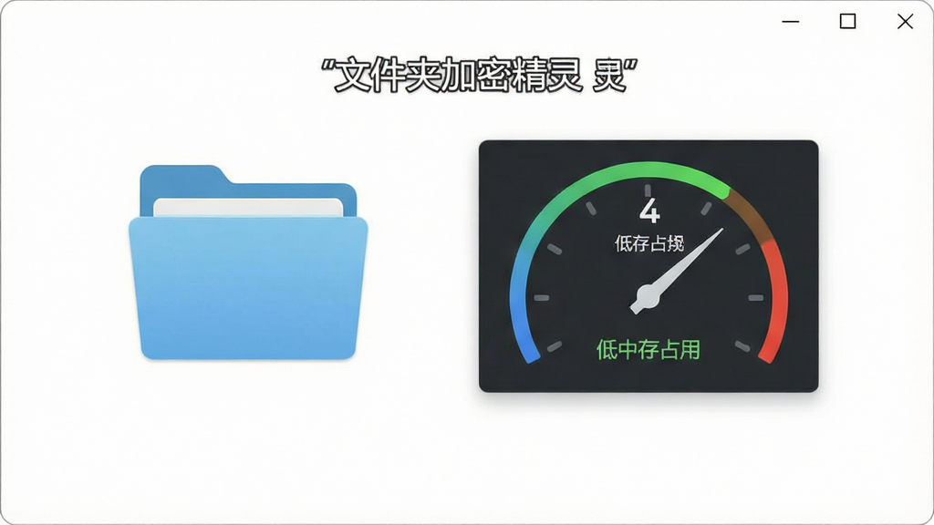 一张展示文件夹加密精灵安装完成后的桌面图标与轻量运行状态示意图,画面主体是软件图标与一个显示低内存占用的性能仪表盘,背景为干净的白色,风格简约清新,画面中央写有“文件夹加密精灵”,排版简洁,高清画质,无多余元素