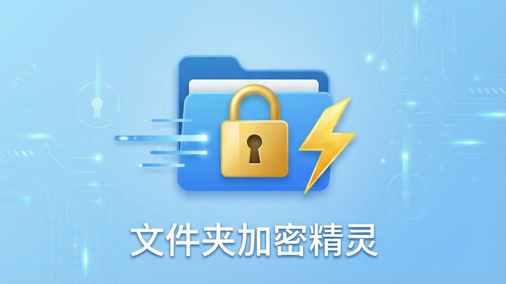 一张展示文件夹加密精灵快速加密过程的示意图,画面主体是一个文件夹图标被一把金色锁头锁住,旁边有闪电符号表示速度极快,背景为浅蓝色渐变,风格简洁科技感,画面中央下方写有“文件夹加密精灵”字样,布局居中,排版干净,高清画质,无多余元素