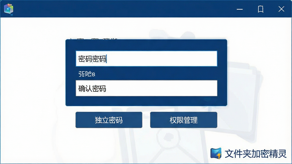 一张展示文件夹加密精灵密码设置界面的预览图,画面中央是一个密码输入框与确认密码框,下方有“独立密码”和“权限管理”按钮,界面风格简洁商务,配色以深蓝与白色为主,布局清晰,画面右下角有“文件夹加密精灵”标识,高清画质,无多余元素