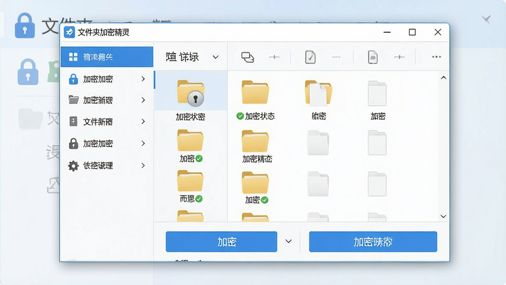 一张展示文件夹加密精灵软件主界面的预览图,画面中央是软件窗口,窗口标题栏显示“文件夹加密精灵”,界面左侧为功能导航栏,右侧为文件夹列表与加密按钮,整体布局简洁清晰,采用现代扁平化设计风格,配色以蓝白为主,细节包括锁形图标、加密状态标识,画面干净整洁,无多余元素,高清画质