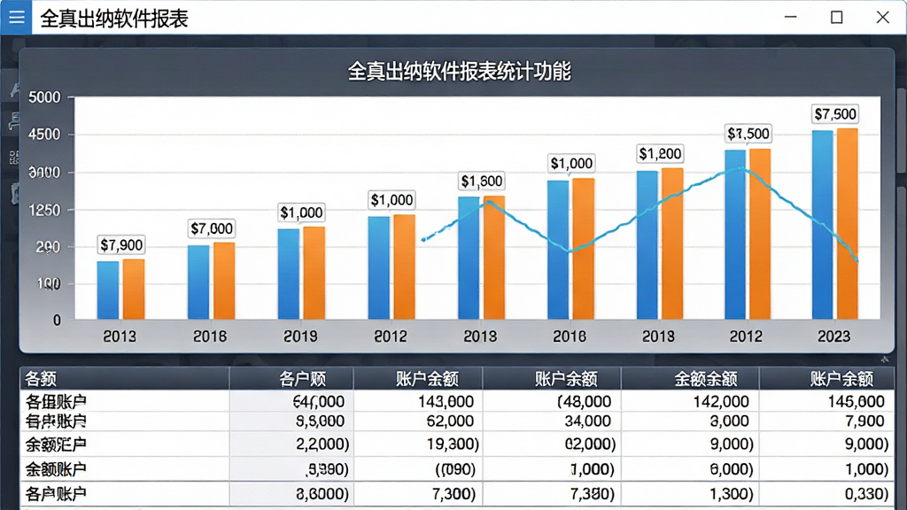 一张展示全真出纳软件报表统计功能的图片,画面主体是软件界面中的柱状图和表格组合,柱状图显示每月收支趋势,下方表格列出各账户余额汇总,布局为上下结构排版,风格为数据分析风,细节上体现图表颜色和数字标签,画质清晰,干净,无多余元素