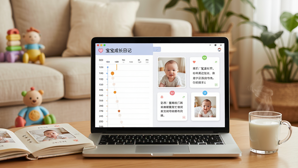 一张温馨的家庭育儿场景图,画面中央是一台打开的笔记本电脑,屏幕上显示着宝宝成长日记软件的中文界面,左侧是日历时间轴,右侧是宝宝照片和文字记录卡片,电脑旁边放着一本纸质相册和一杯热牛奶,背景是柔和暖色调的客厅,有婴儿玩具和绿植点缀,整体风格温馨自然,细节丰富,画质清晰干净,无多余元素