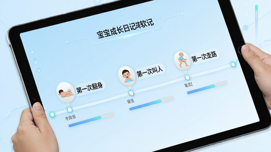 宝宝成长日记软件功能展示图,画面为平板电脑屏幕显示里程碑时间线,上面有“第一次翻身”“第一次叫人”“第一次走路”等中文标签,旁边配有小图标和进度条,背景是浅蓝色渐变,风格清爽科技感,细节清晰,画质干净