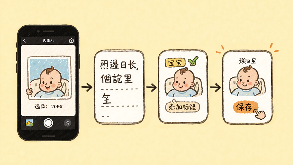 宝宝成长日记软件操作界面手绘风格示意图,画面展示手机上记录宝宝日常的步骤:选择照片、输入文字、添加标签、点击保存,四个小图排列,旁边有箭头连接,背景为浅黄色,风格可爱亲切,画质干净,无多余元素