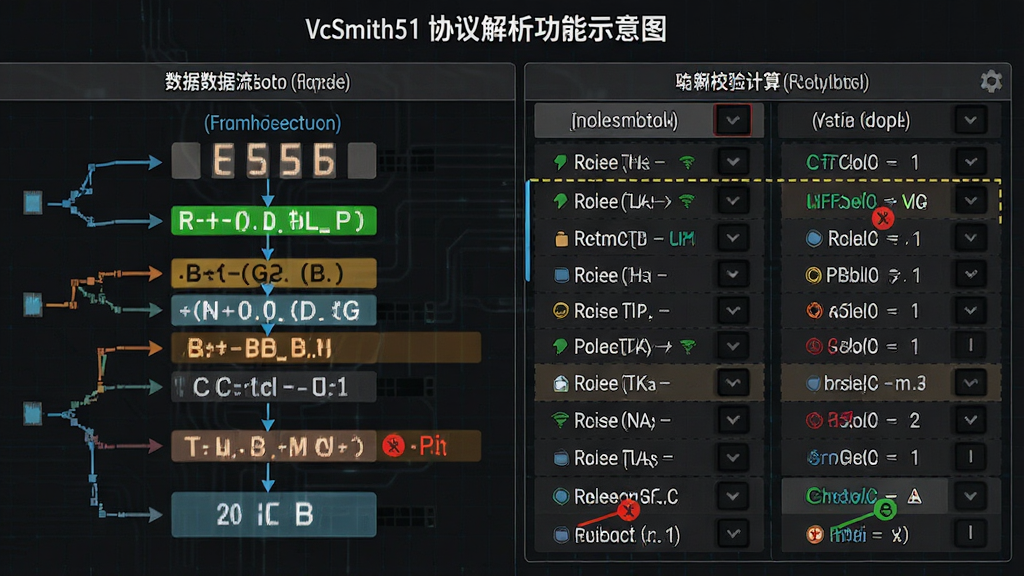 VcSmith51 协议解析功能示意图,主体为数据帧结构拆解图与校验计算面板,布局采用左右分栏,左侧为原始数据流,右侧为解析后的字段说明,风格为技术图表风,细节上使用高亮色标注校验字段与异常标记,画质清晰,画面干净,适合技术文档配图。
