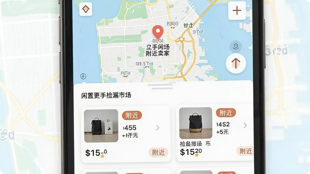 闲置二手捡漏市场应用内附近闲置功能界面,主体为手机屏幕中展示地图与商品列表结合的视图,布局为上方地图标注附近卖家位置,下方为距离排序的商品卡片列表;排版采用上下结构,风格为清新浅色扁平设计,细节包含距离数值、商品小图、价格与