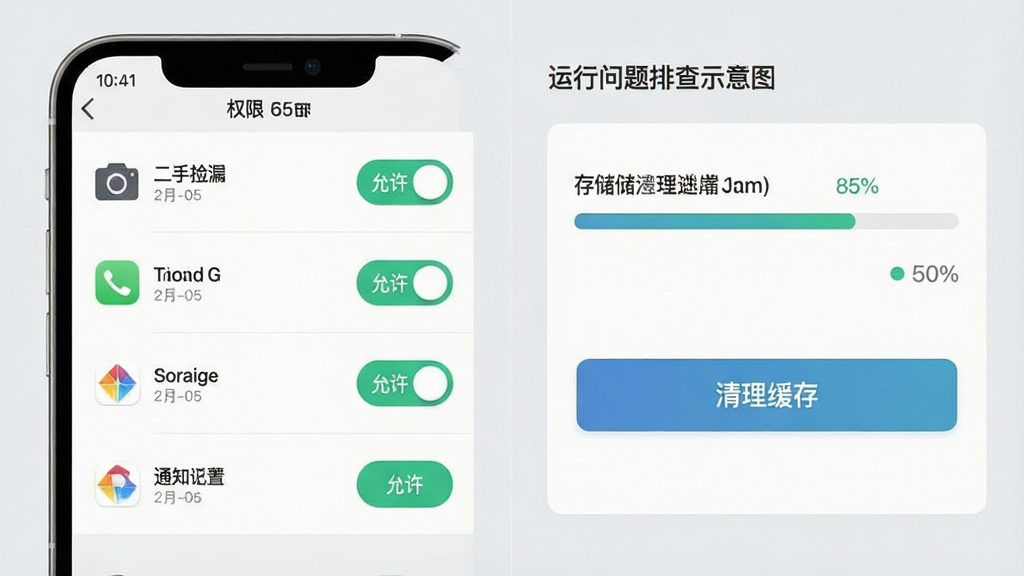 闲置二手捡漏市场应用运行问题排查示意图,主体为手机屏幕显示权限设置页面与清理缓存按钮,布局为左右分栏,左侧为权限开关列表,右侧为存储清理进度条;排版清晰,风格为浅灰质感扁平设计,细节包含相机、存储、通知权限图标与