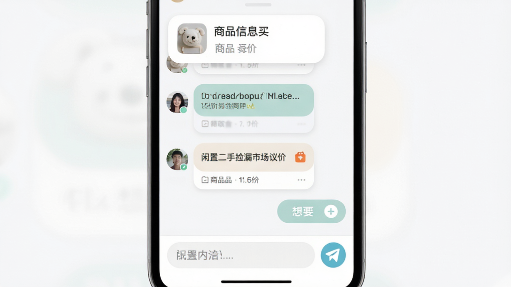 闲置二手捡漏市场聊天议价界面,主体为手机屏幕内展示买卖双方对话气泡与商品卡片,布局为上方商品信息条、中部聊天记录、底部输入框;排版简洁,风格为柔和圆角设计,细节包含价格修改提示、